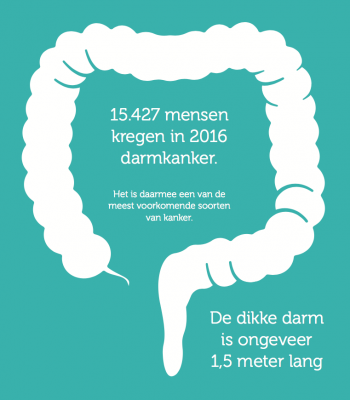 Feit '15427 mensen kregen in 2016 darmkanker. Het is daarmee 1 van de meest voorkomende soorten van kanker.' Feit 'De dikke darm is ongeveer 1,5 meter lang.'